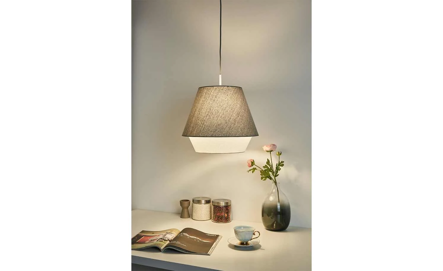 Pendelleuchte, 1-flammig Stoff grau/weiß 2 Pendelleuchte, 1-flammig Stoff grau/weiß – Bild 2