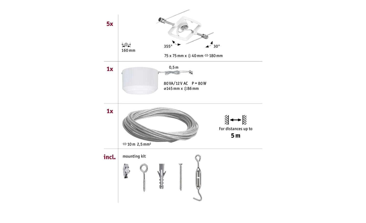 Seilsystem, Basisset, 5-flammig, weiß 6 Seilsystem, Basisset, 5-flammig, weiß – Bild 6