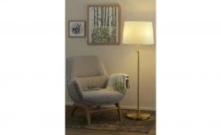 Trio Stehleuchte, 3-flammig, Messing-matt, Stoffschirm weiß | Goldfarben