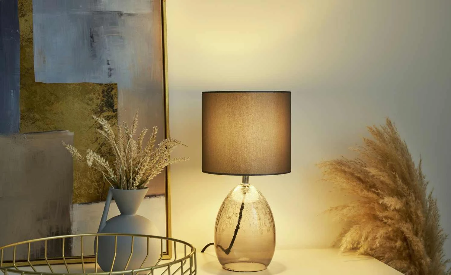 Tischleuchte, 1-flammig, Rauchglas und Stoff 1 Tischleuchte, 1-flammig, Rauchglas und Stoff