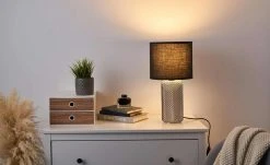 Tischleuchte, 1-flammig, Rauchglas und Stoff