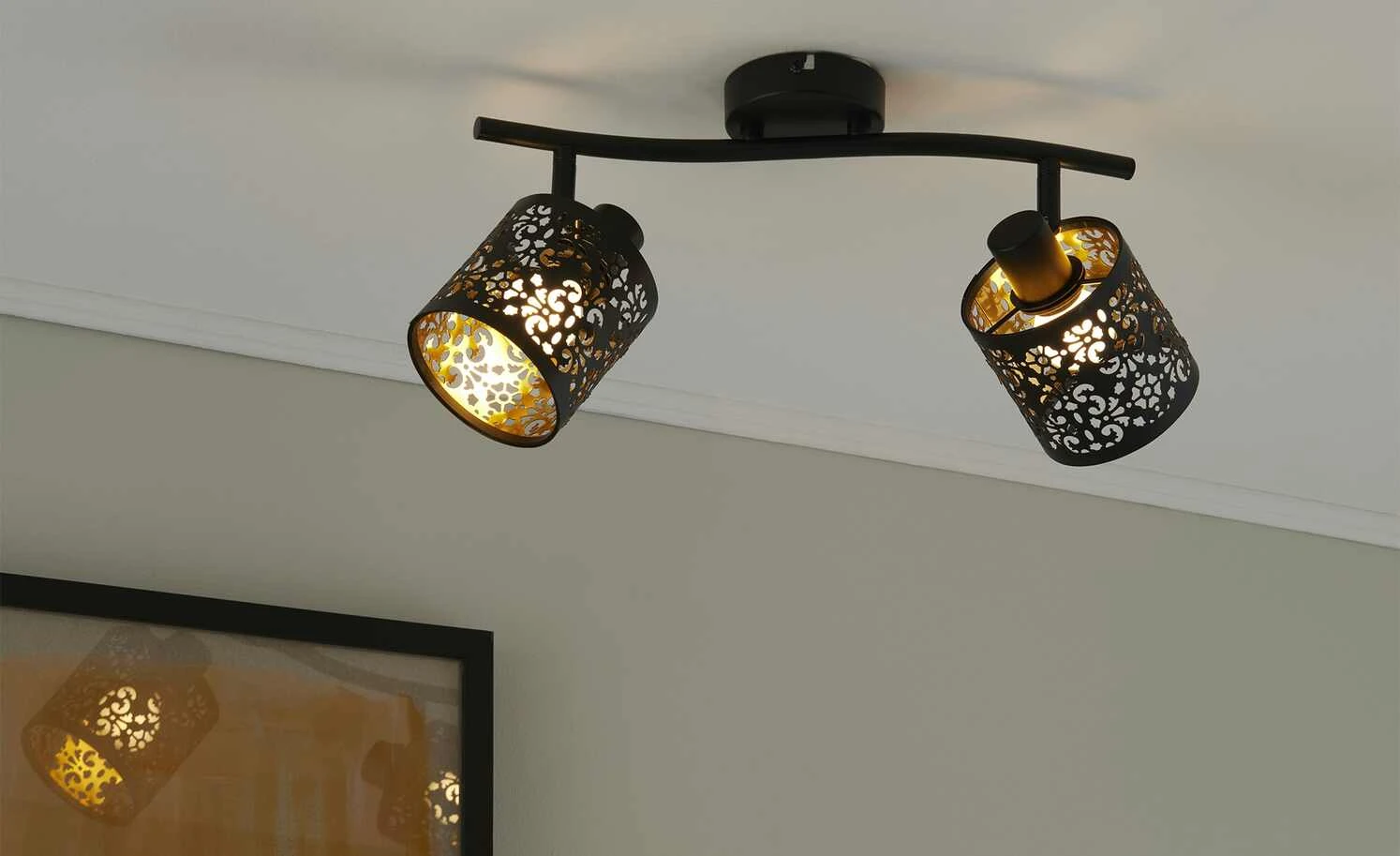 KHG Deckenstrahler, 2-flammig, schwarz/gold mit Stanzung 1 KHG Deckenstrahler, 2-flammig, schwarz/gold mit Stanzung