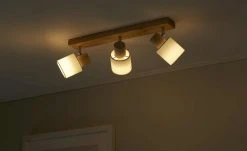 KHG Deckenstrahler, 3-flammig, Holz/ Stoffschirm weiß