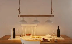 Pendelleuchte, 3-flammig, weiß/Holz mit Tau