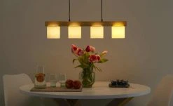 Trio Pendelleuchte, 4-flammig, Holz/ Stoffschirm weiß