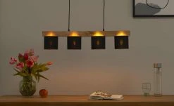 Trio Pendelleuchte, 4-flammig, Holz/ Stoffschirm schwarz/goldfarben
