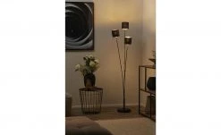 Trio Stehleuchte, 3-flammig, schwarz, Stoffschirm schwarz/gold