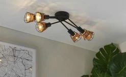 Deckenleuchte, 6-flammig, schwarz, Draht-Rattan