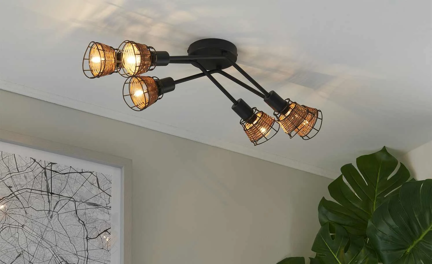 Deckenleuchte, 6-flammig, schwarz, Draht-Rattan 1 Deckenleuchte, 6-flammig, schwarz, Draht-Rattan