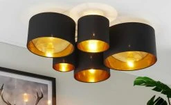 Deckenleuchte, 5-flammig, Stoffschirm schwarz/gold