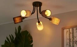 Fischer-Honsel Deckenleuchte, 5-flammig, schwarz mit Leinenschirmen